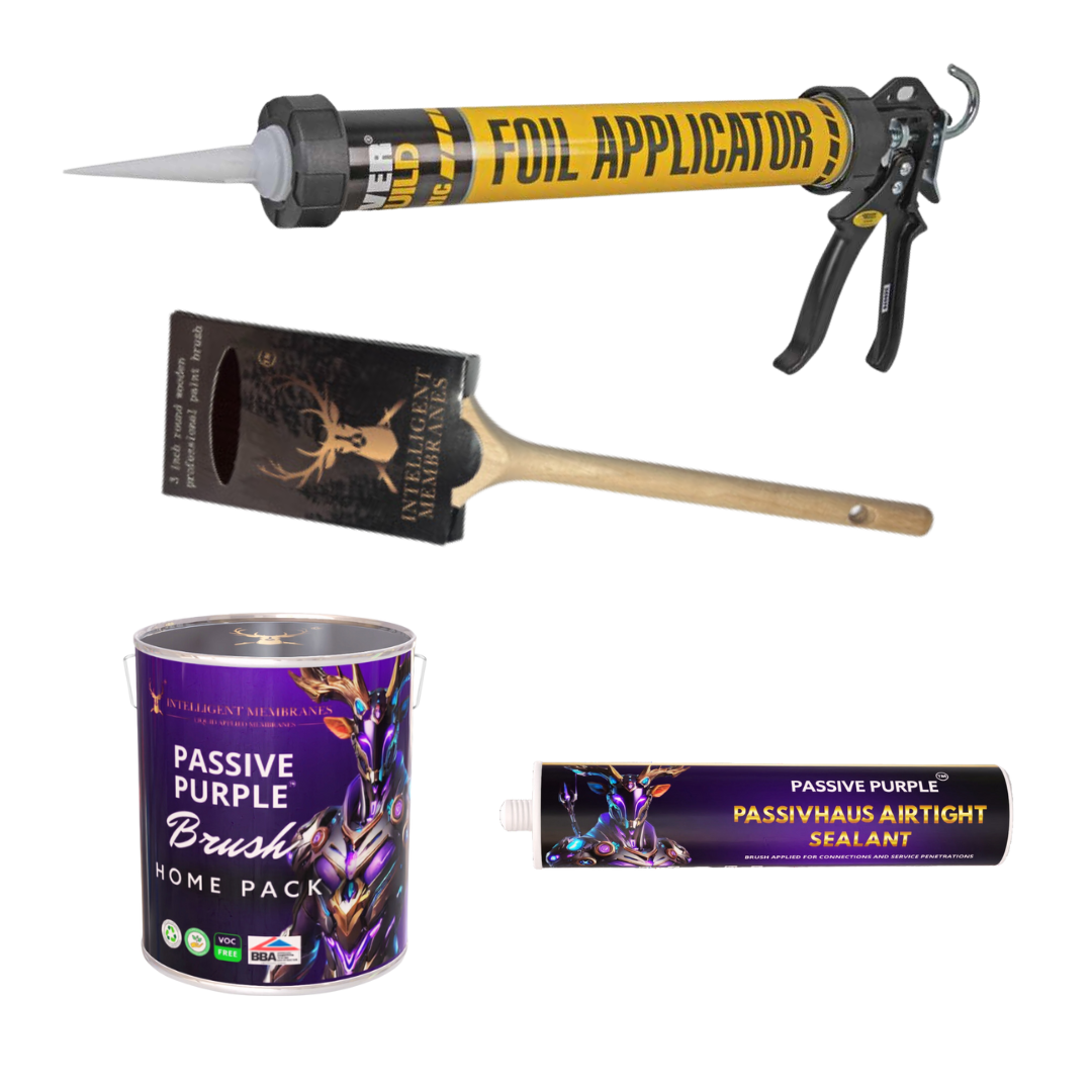 Airtightness pack containing membranes, tapes, and sealants for creating a complete airtight seal in building projects