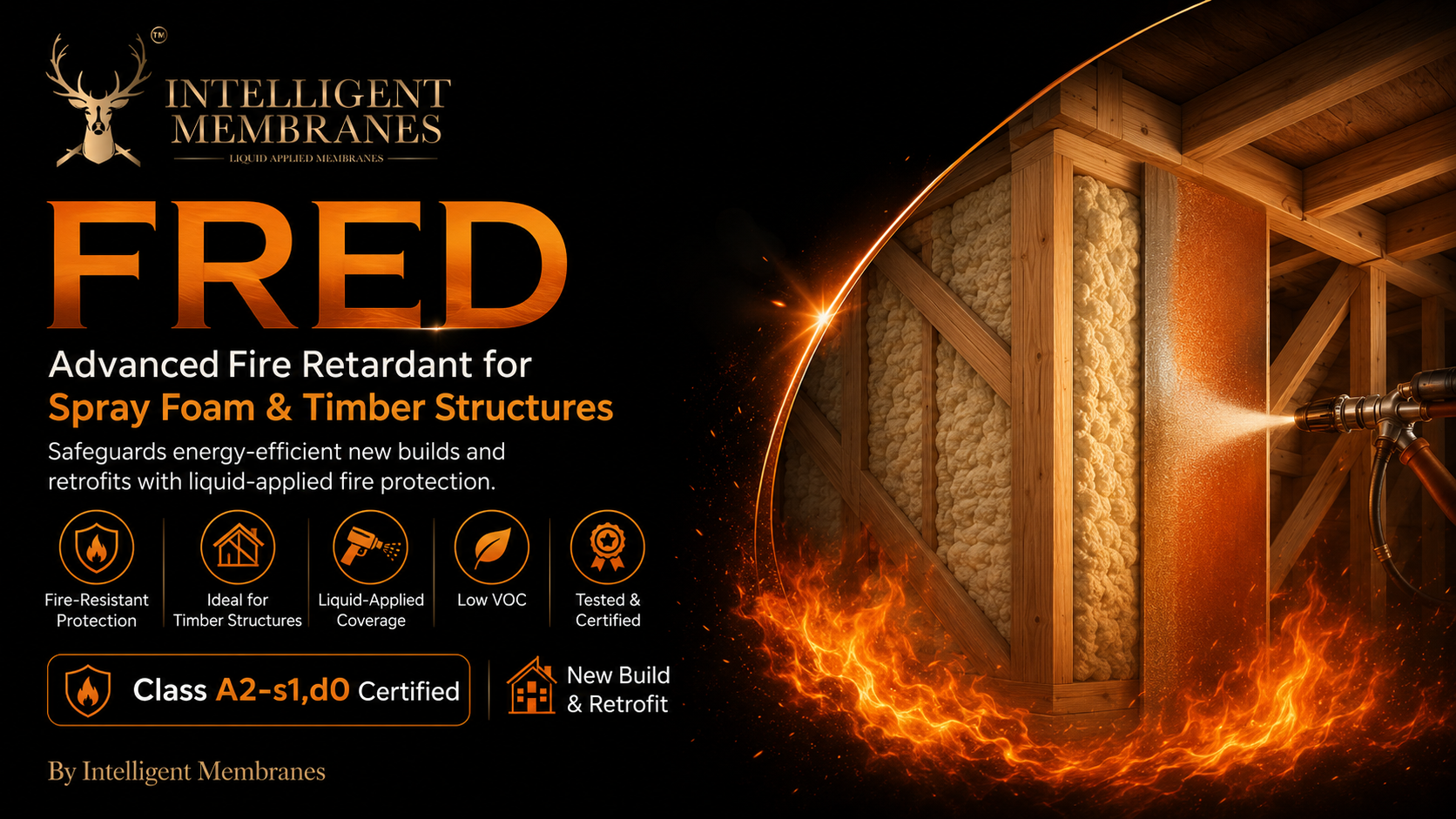 Fire protection solutions — FRED Class A fire paint for spray foam and timber, plus fire rated airtight membranes tested to ASTM E84 Class A and EN Class B