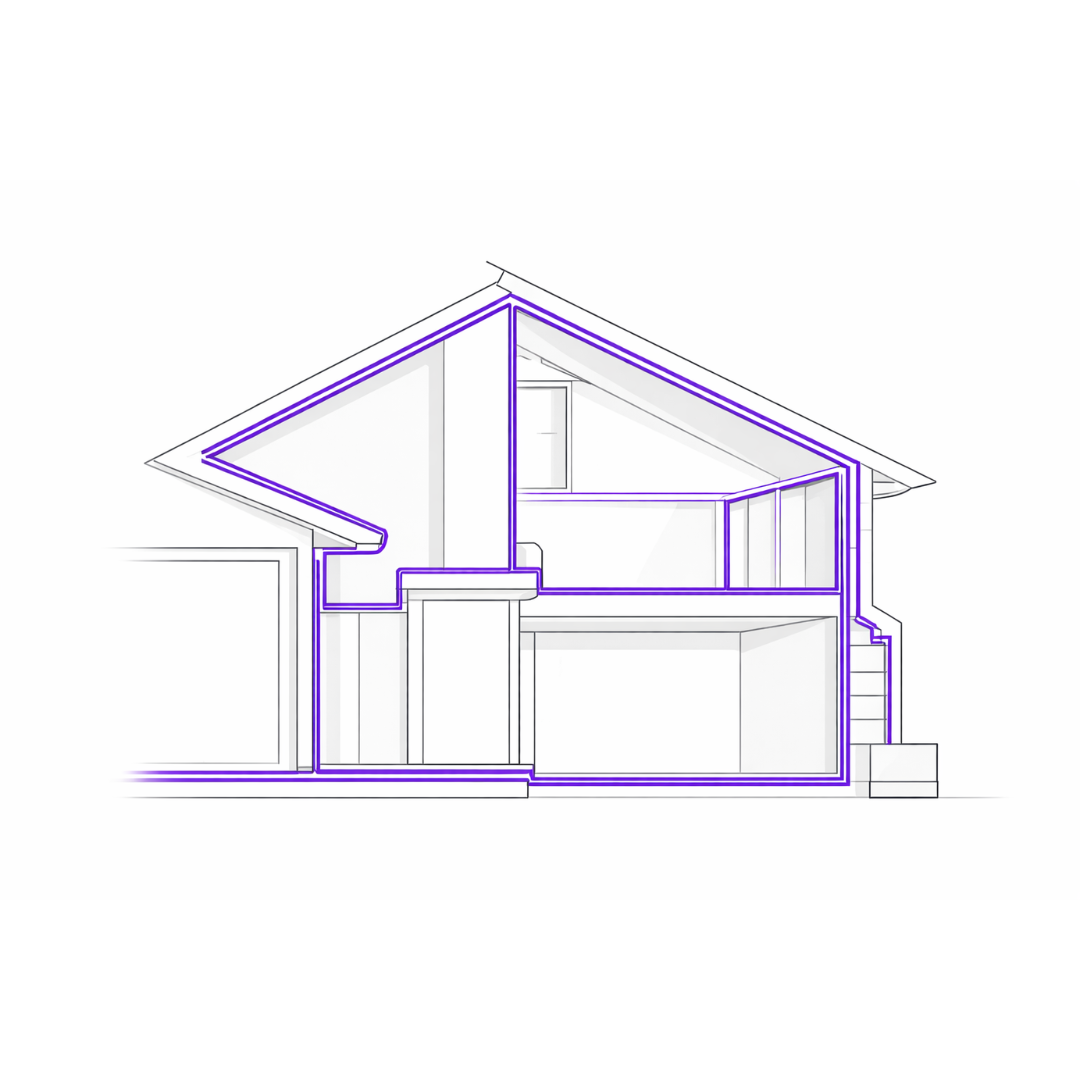 Building cross-section illustrating a continuous airtight layer used in net zero and Passivhaus building envelope design.