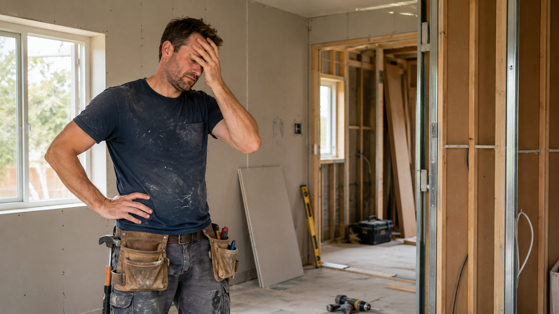 Frustrated builder with his hand on his head in a half-finished plasterboarded room, realising the vapour control layer was forgotten
