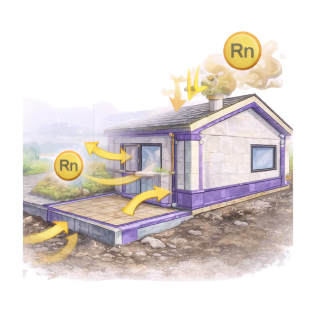 Diagram of radon gas entering a home from the ground and moving through walls, floors and roof areas