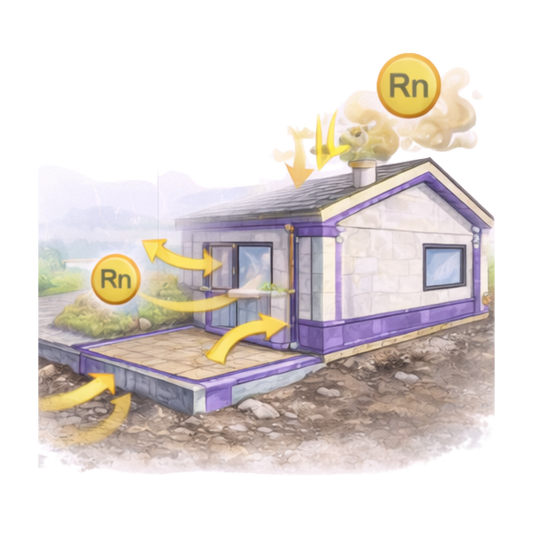 Diagram of radon gas entering a home from the ground and moving through walls, floors and roof areas
