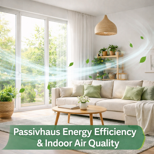 Energy efficient home interior demonstrating mechanical ventilation, airtight construction and improved indoor air quality.