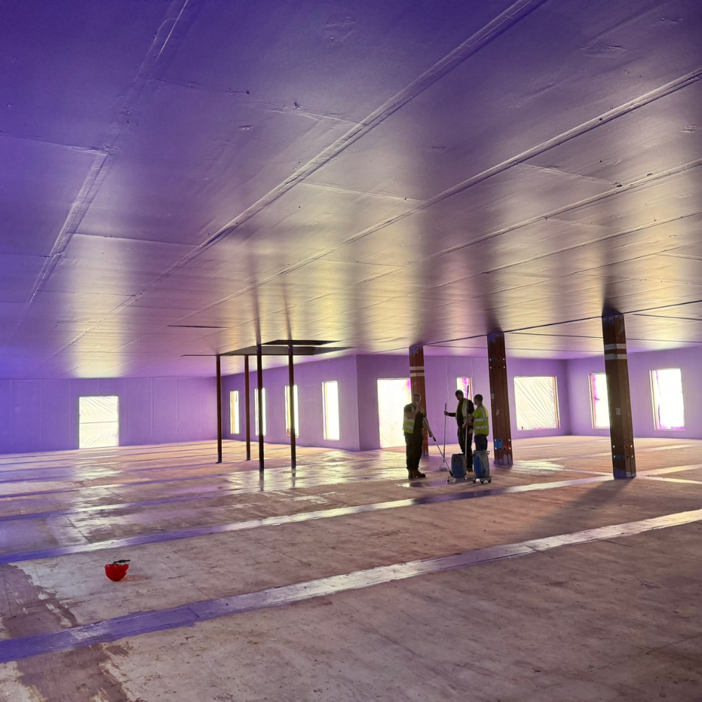 Passive Purple Internal airtight membrane applied within modular hospital building during construction to enhance energy efficiency and airtight performance