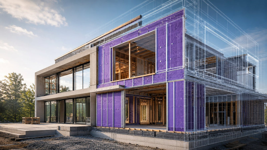 Modern building under construction with a digital BIM wireframe overlay and Passive Purple airtight membrane applied to the walls