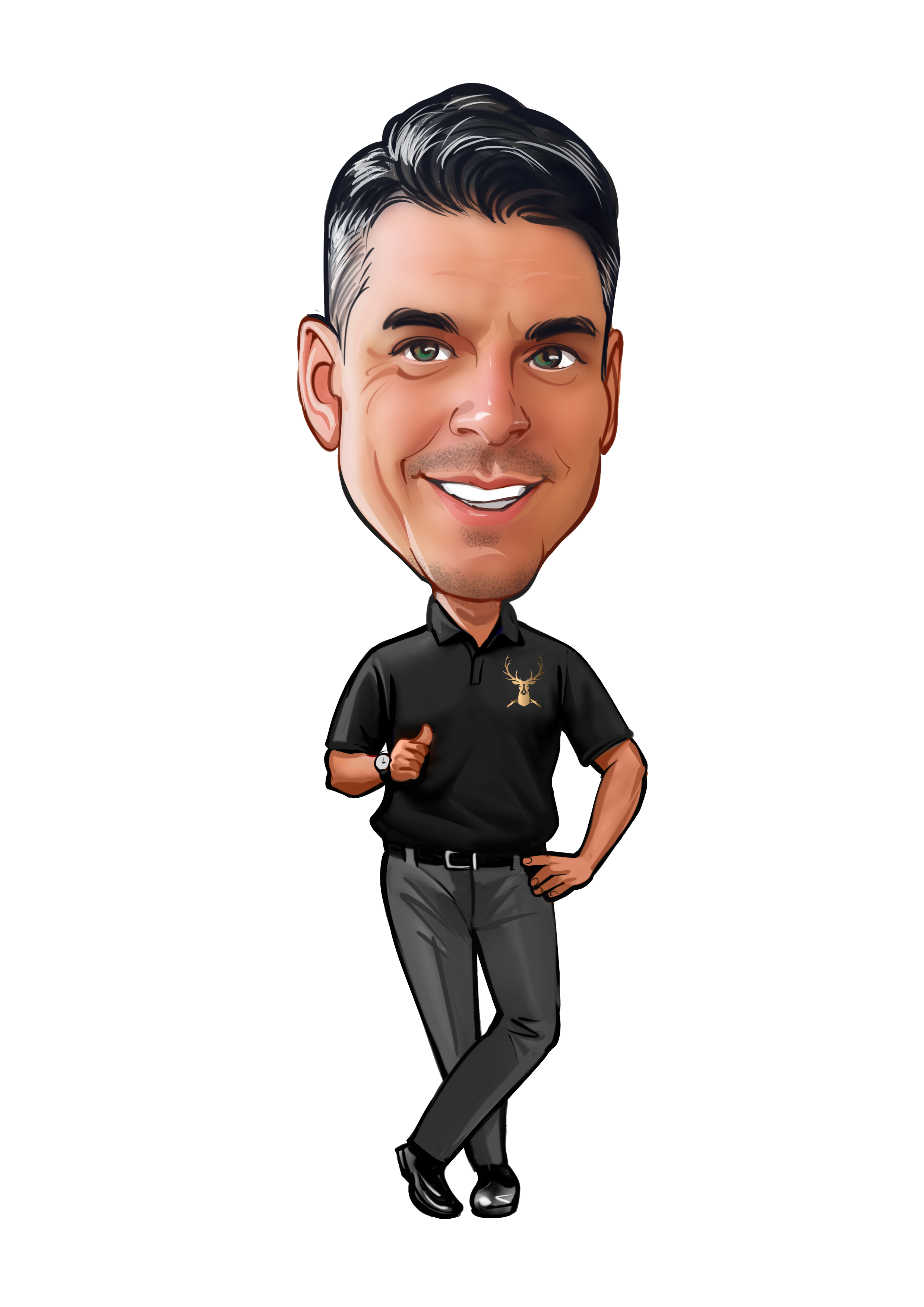 Caricature of a person wearing a black shirt with a logo and gray pants on a white background