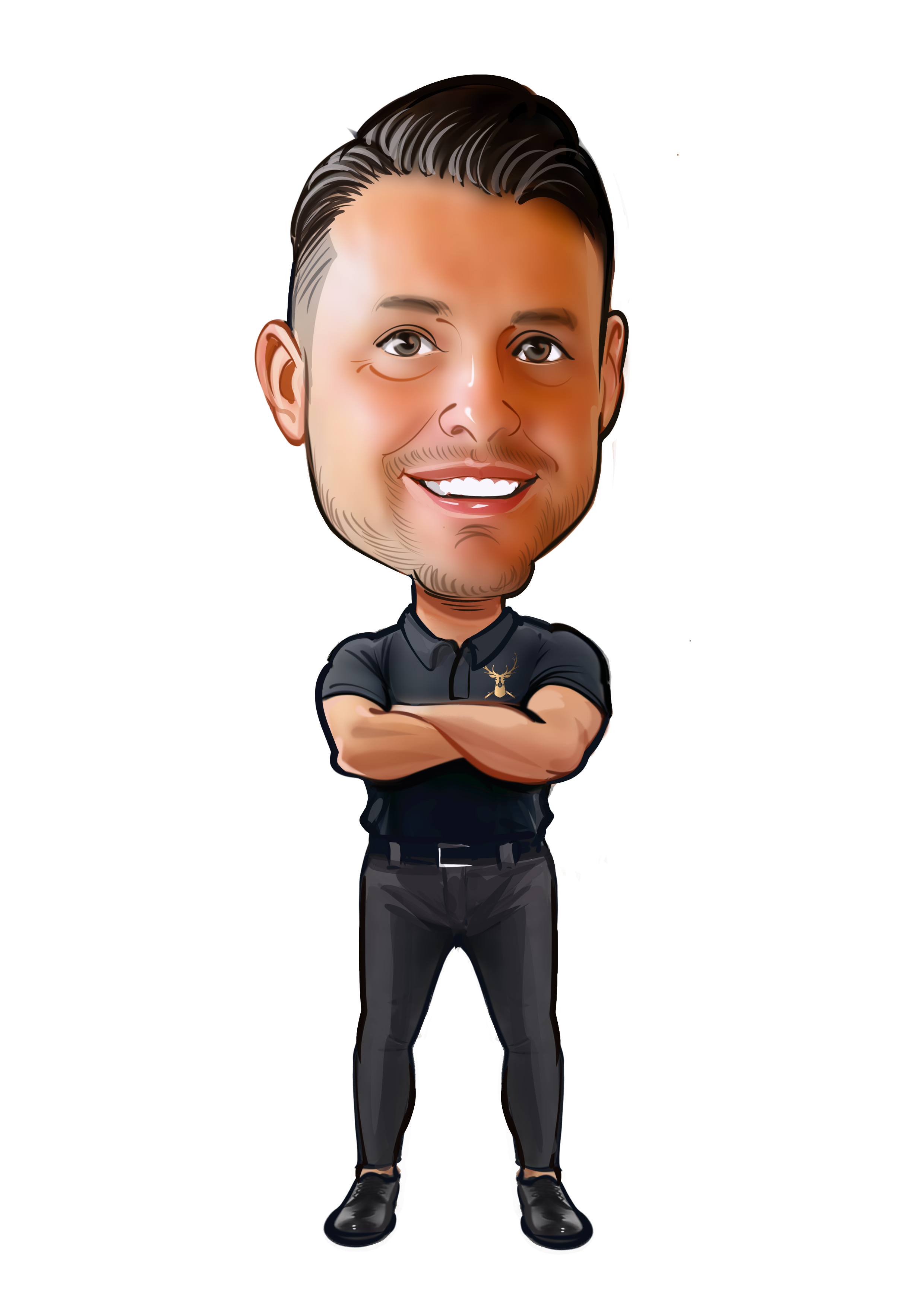 Cartoon-like figure of a person wearing a black shirt and pants on a white background