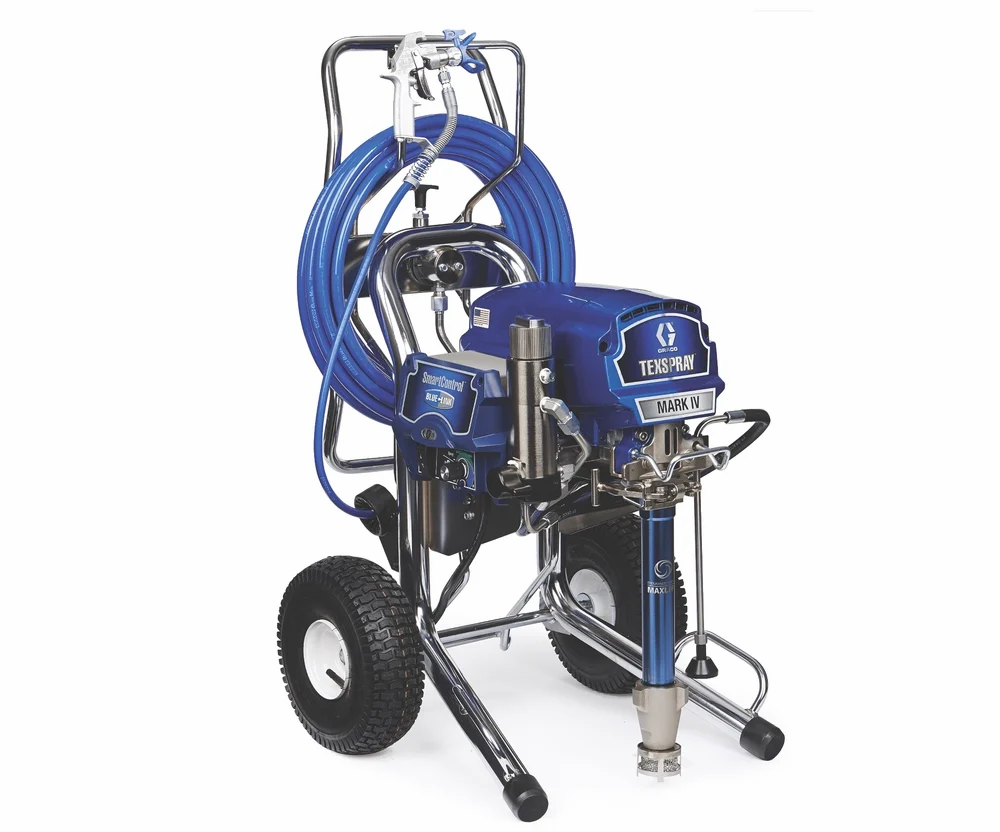 Graco TexSpray Mark IV airless spraying machine with high-pressure hose and gun, used for applying professional liquid coatings such as airtight membranes and waterproof systems