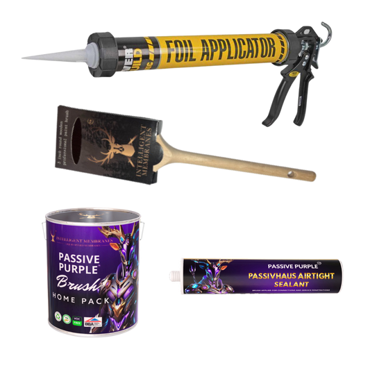 Airtightness pack containing membranes, tapes, and sealants for creating a complete airtight seal in building projects