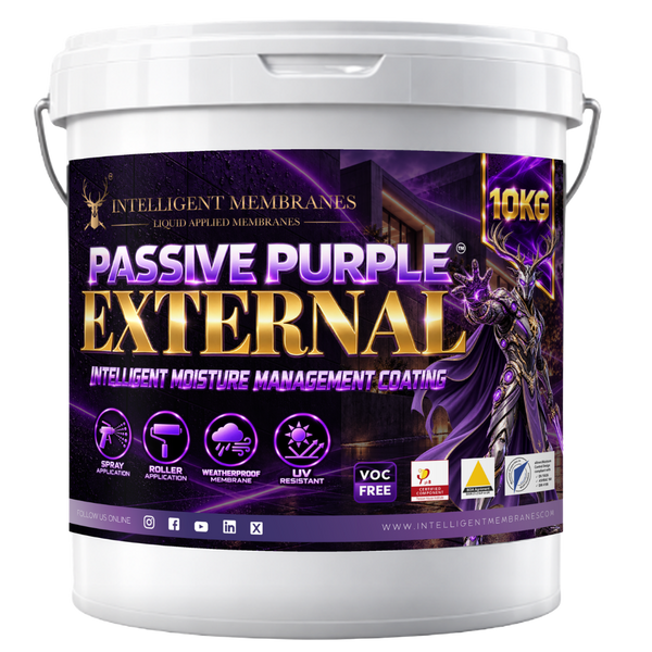 Passive Purple External – Membrana impermeabilizante para fachadas, hermética y resistente al fuego (10 kg) – Aplicación por aspersión o con rodillo