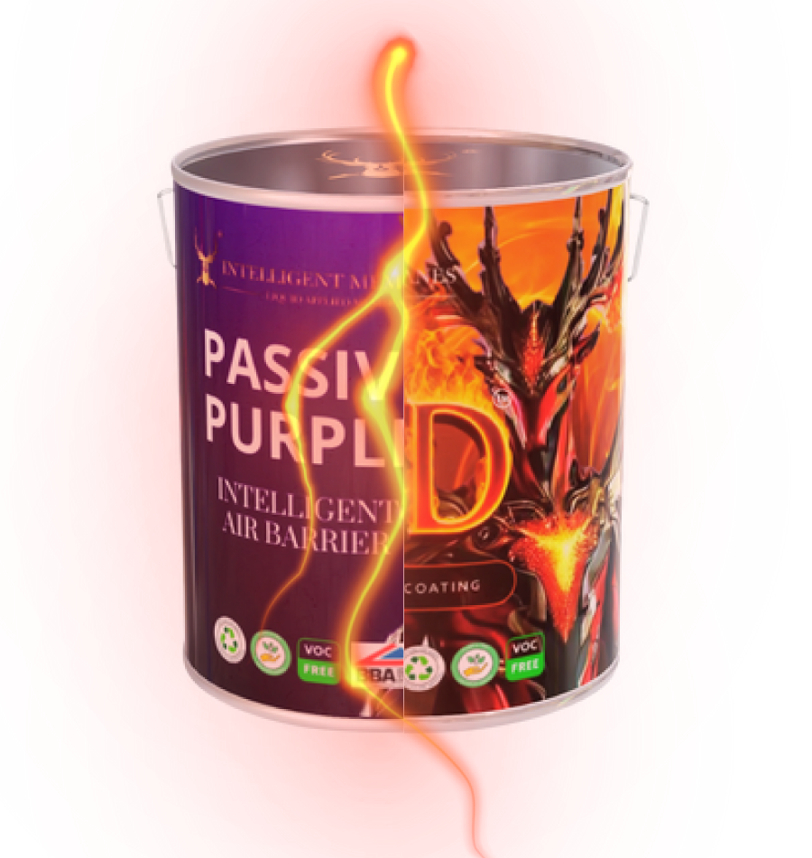 Can of 'Passive Purple' Intelligent Air Barriers coating with fiery design on a white background