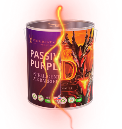 Can of 'Passive Purple' Intelligent Air Barriers coating with fiery design on a white background