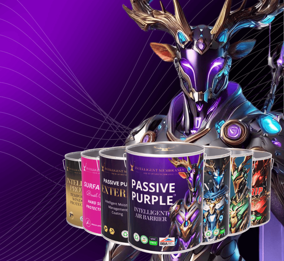 Decorative canisters with 'Passive Purple' branding in front of a fantasy deer statue on a purple background