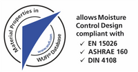 WUFI® Database certification graphic indicating that the material’s tested properties allow moisture control design compliant with EN 15026, ASHRAE 160, and DIN 4108 standards