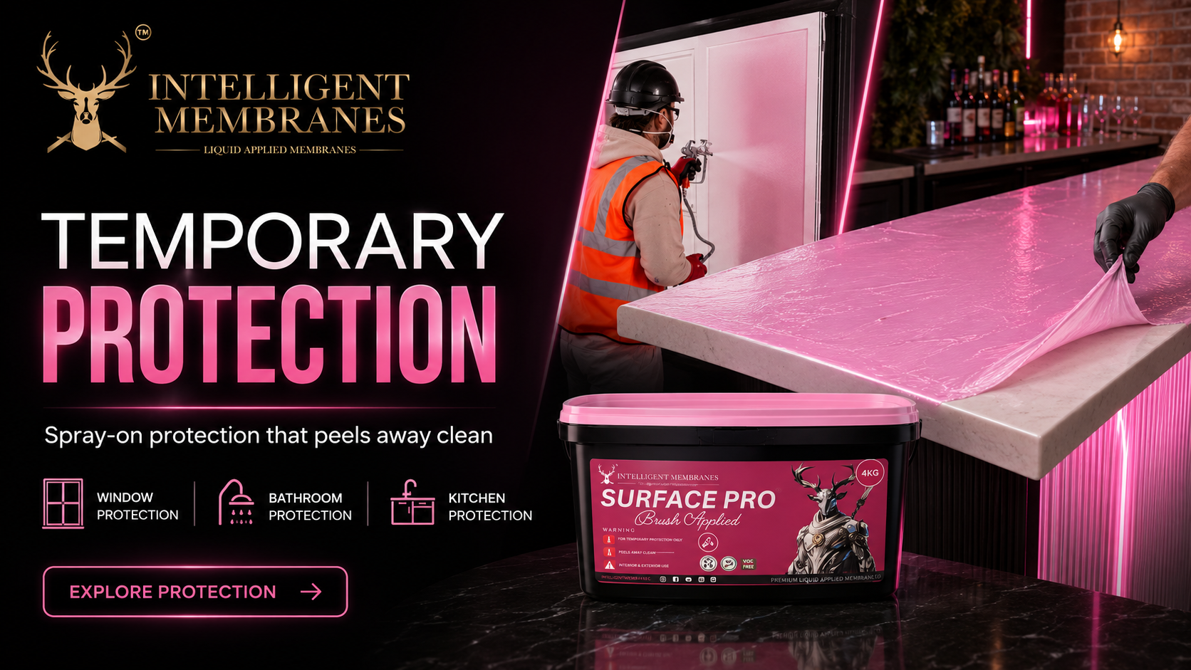 Window and bathroom protection solutions — spray-applied temporary protection for glass, floors, steel and hard surfaces